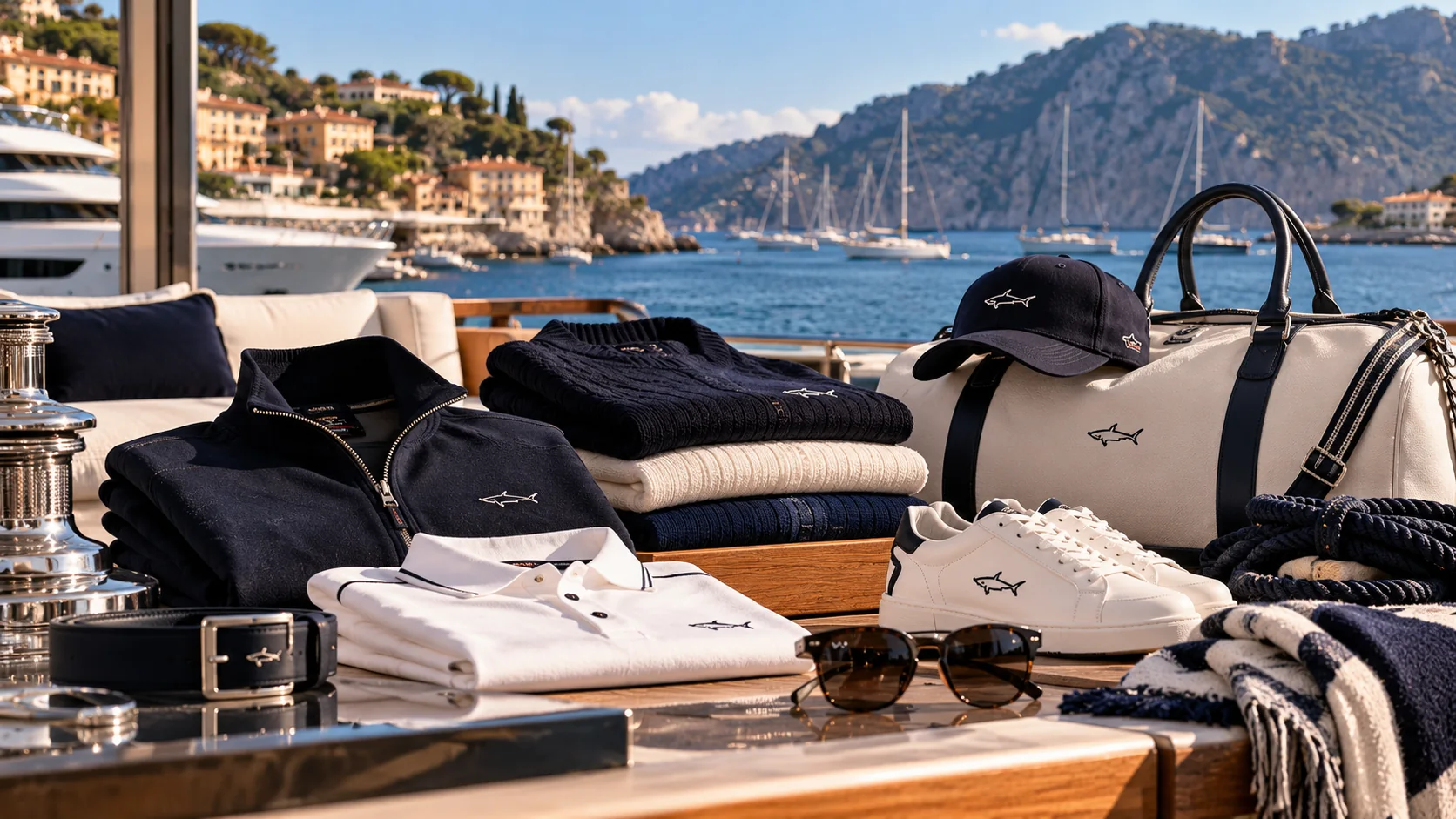 Navyblaue Jacke und Strick, weißes Poloshirt, elfenbeinfarbene Reisetasche, Kappe, Sneaker, Sonnenbrille und Paul-&-Shark-Gürtel auf einer nautischen Terrasse mit Jachten und Mittelmeerküste.