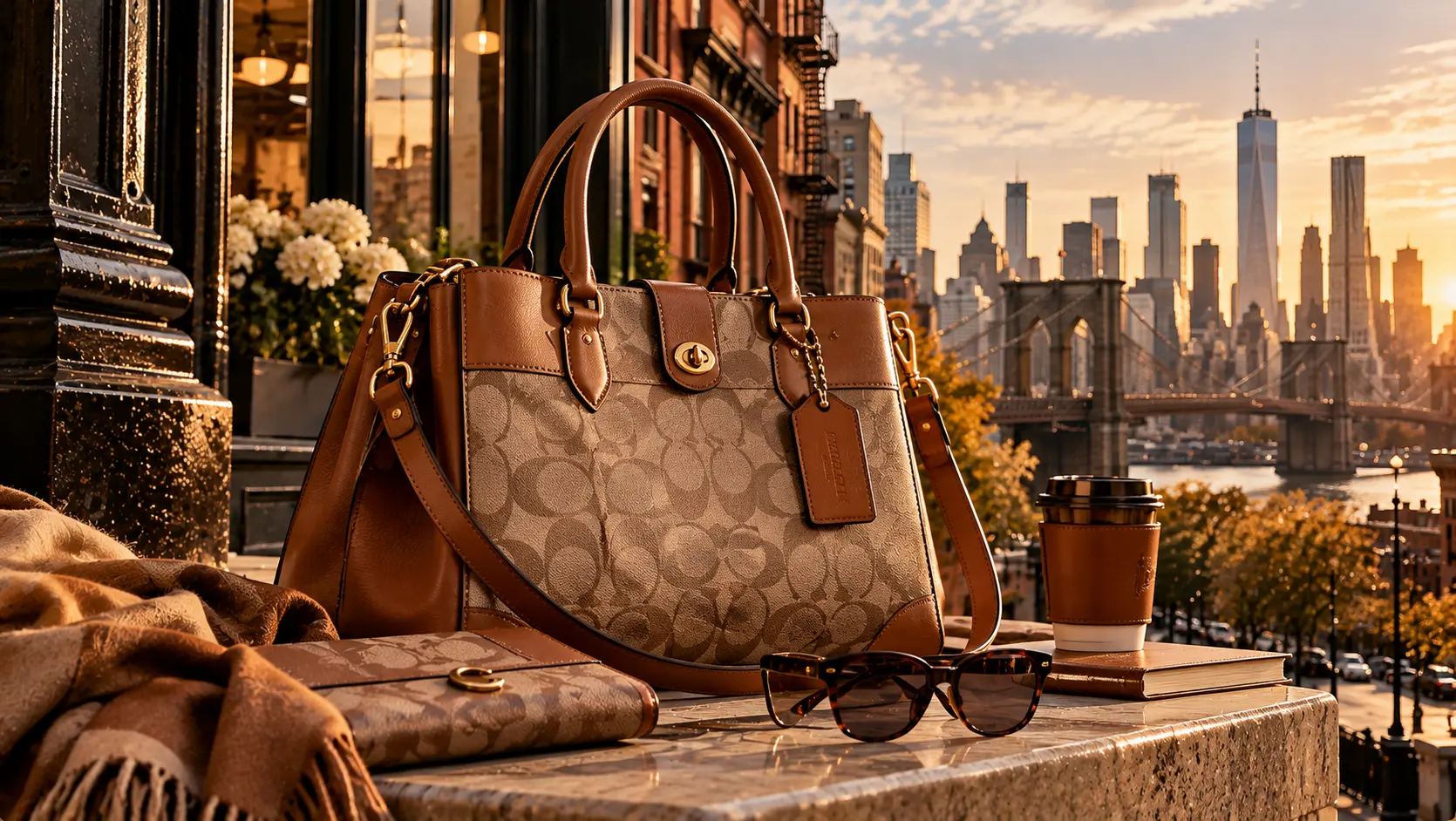 Tasche aus Canvas und Leder mit der Skyline von New York bei Sonnenuntergang.