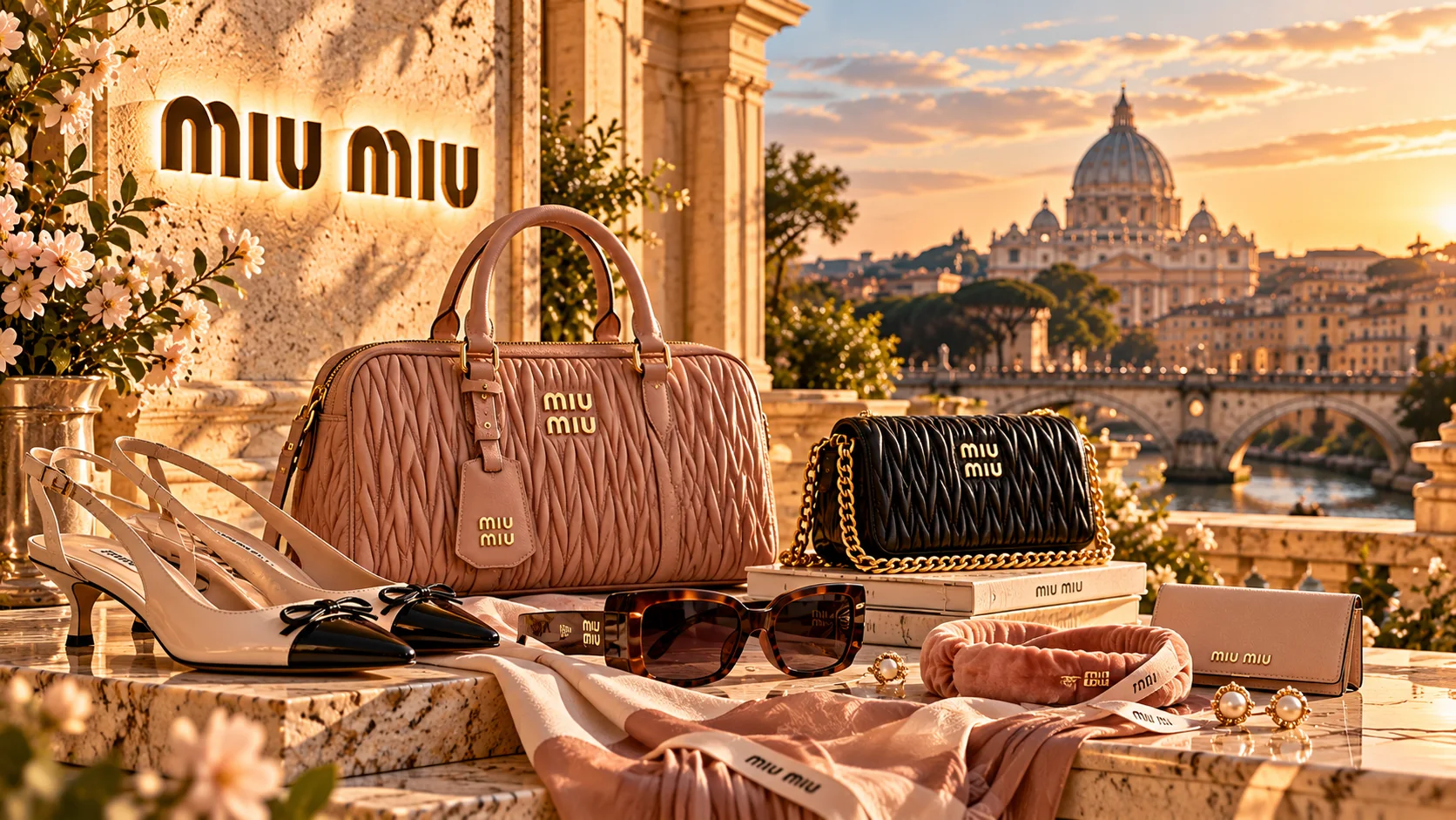 Puderrosa Matelassé-Tasche und schwarze MIU-MIU-Tasche mit goldener Kette, Slingbacks, Sonnenbrille, Seidentuch, Samthaarreif und Portemonnaie auf einer römischen Terrasse mit dem Schriftzug miu miu und Blick auf den Petersdom bei Sonnenuntergang.