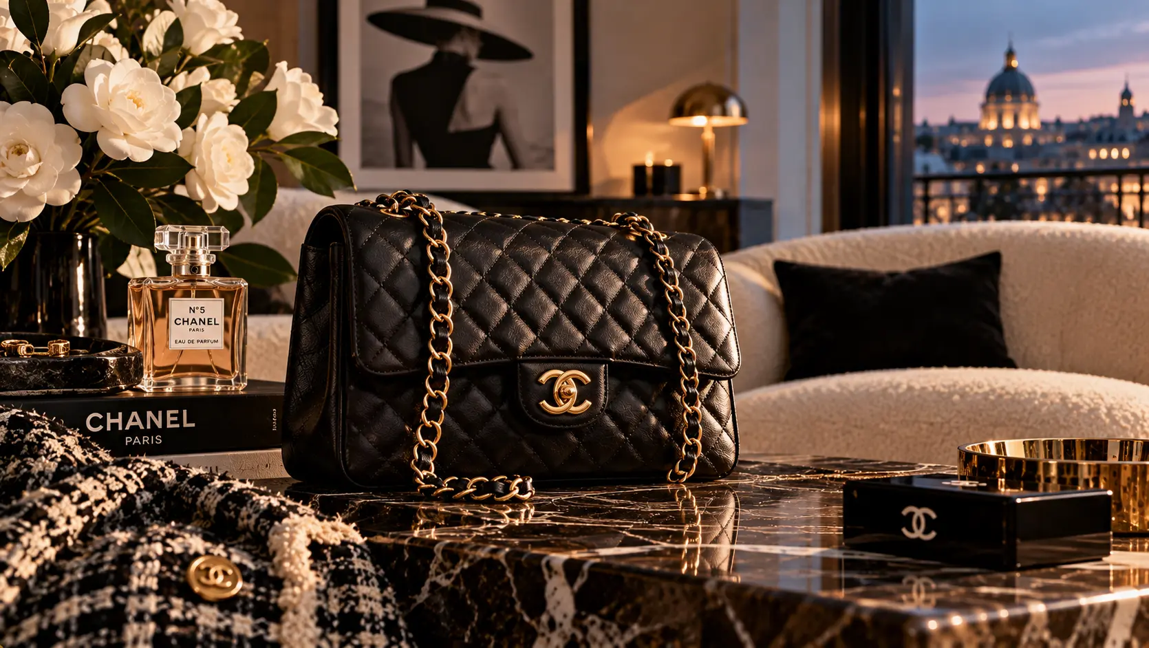 Schwarze gesteppte Tasche mit goldenen Details in einem Pariser Salon bei Sonnenuntergang.