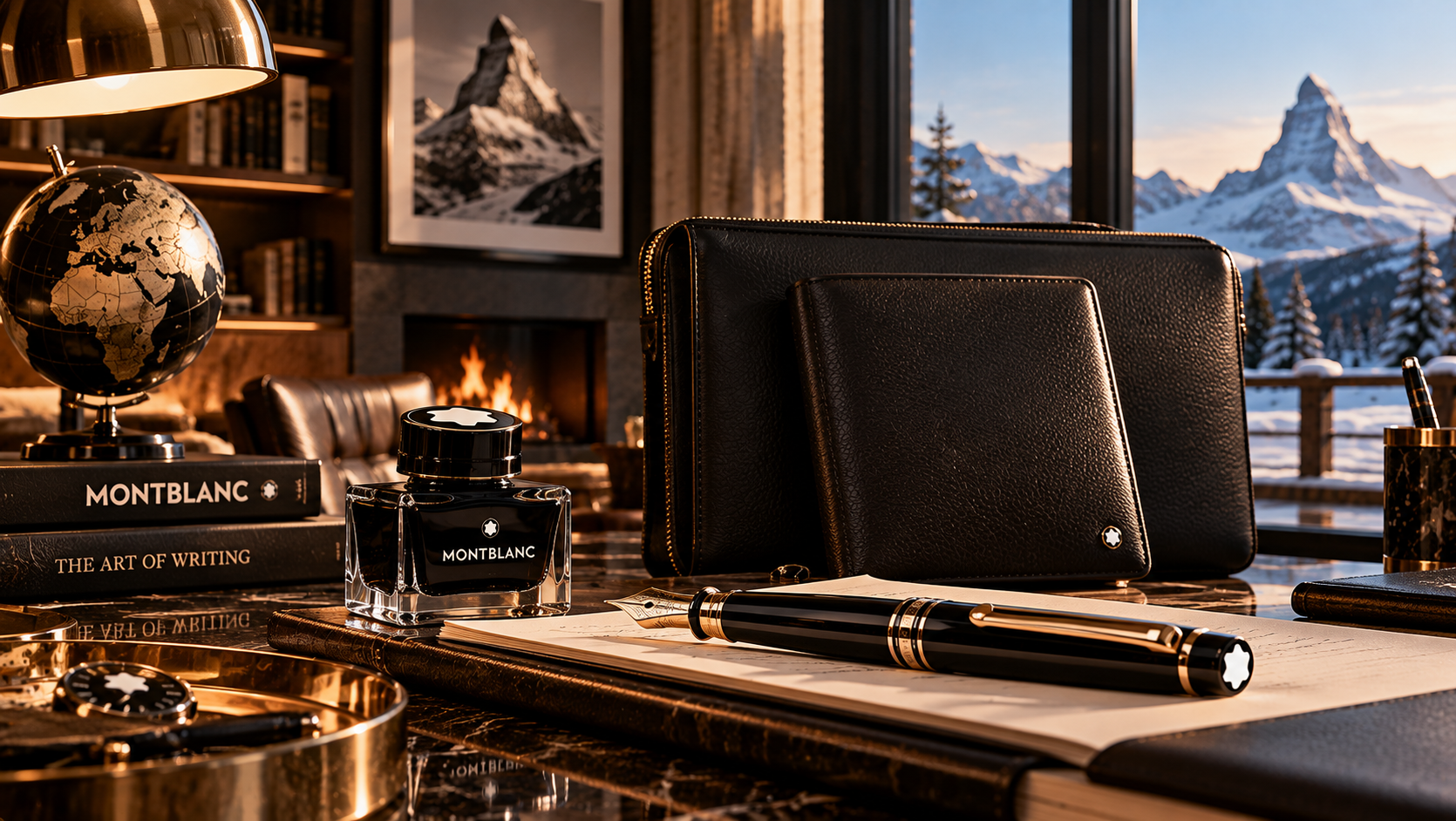 Füller, Tintenfass und Lederaccessoires in einem Arbeitszimmer mit Blick auf die Alpen.