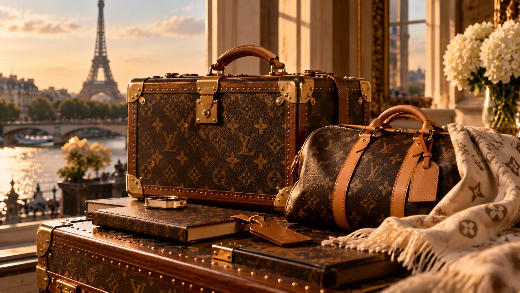 Koffer und eine Monogram-Tasche vor dem Panorama von Paris bei Sonnenuntergang.