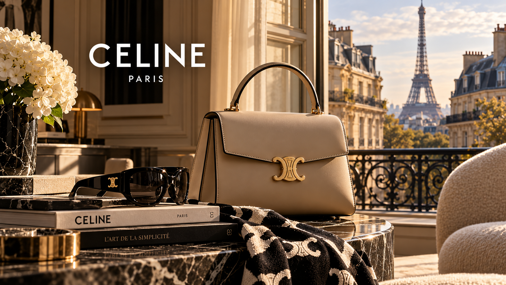 Elfenbeinfarbene Celine-Tasche, Sonnenbrille und Bücher in einem Pariser Salon mit Blick auf den Eiffelturm.