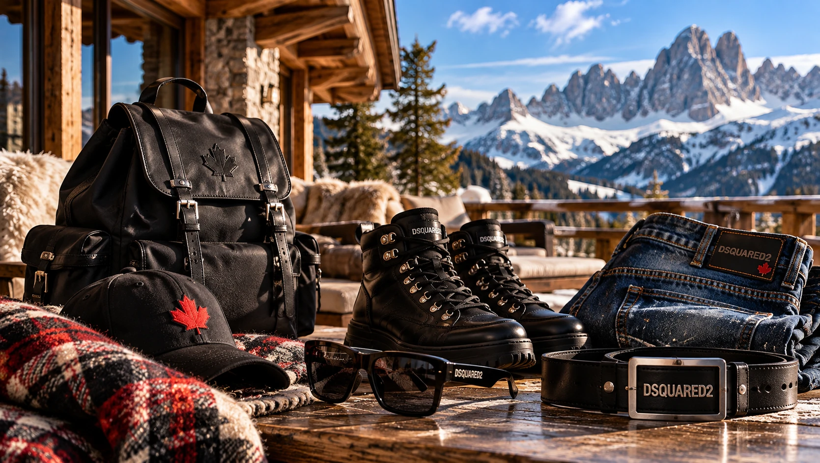 Schwarzer Lederrucksack, Stiefel, Jeans, Kappe mit rotem Ahornblatt, Sonnenbrille und Gürtel auf einer Alpenterrasse vor verschneiten Bergen.