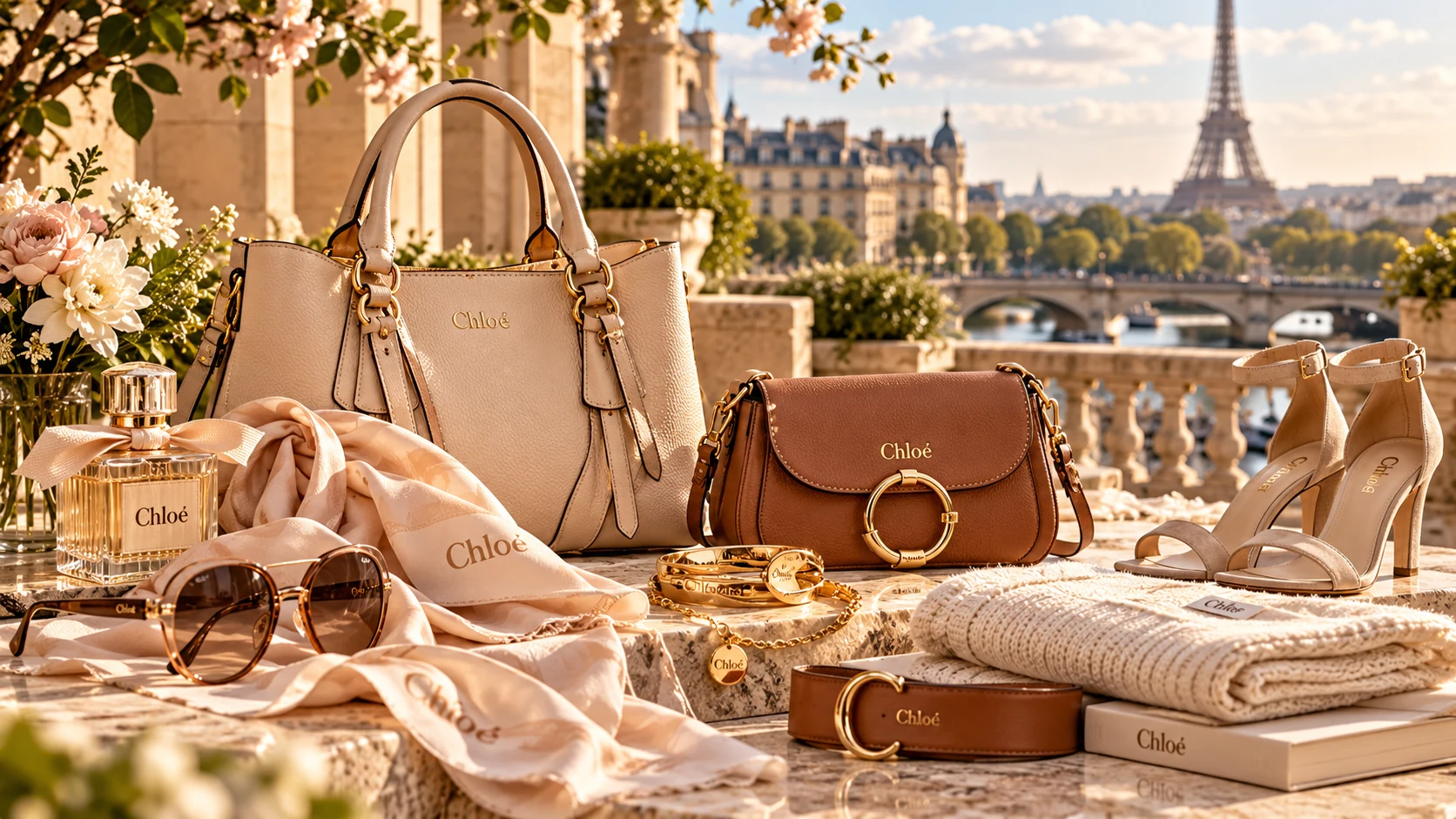 Chloé-Taschen aus hellem und cognacfarbenem Leder, Seidentuch, Sandalen, Sonnenbrille, Armbänder, Gürtel und Parfum auf einer Pariser Terrasse mit dem Eiffelturm.