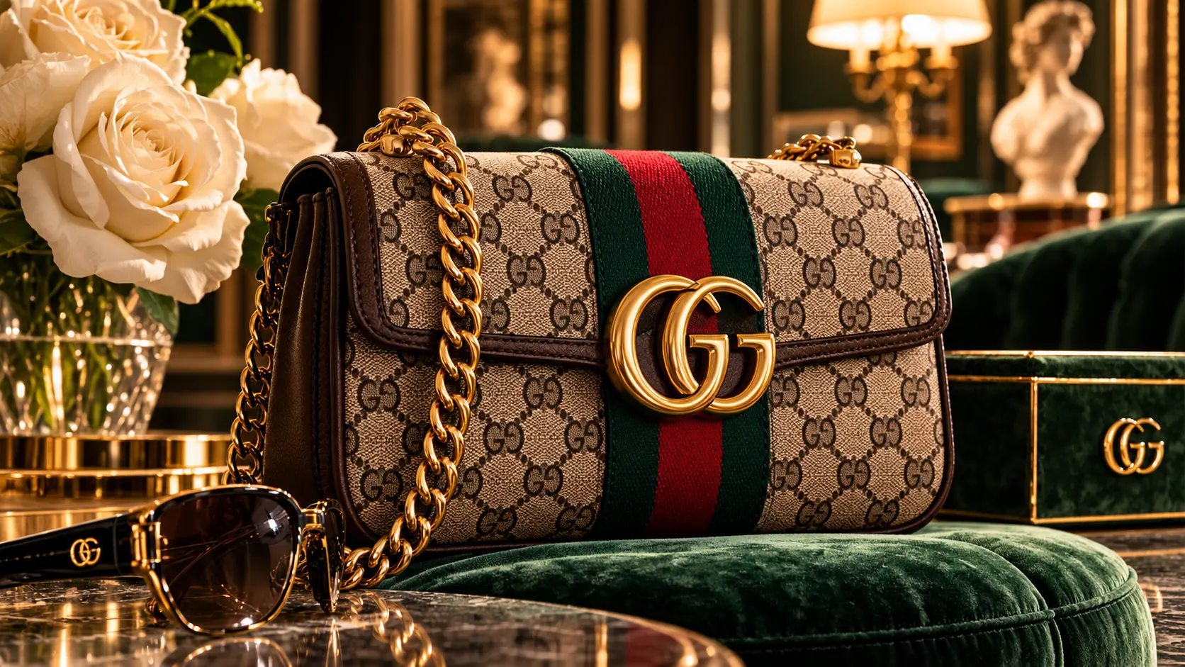 Tasche mit GG-Motiv und grün-rotem Streifen in einem beleuchteten Atelier.