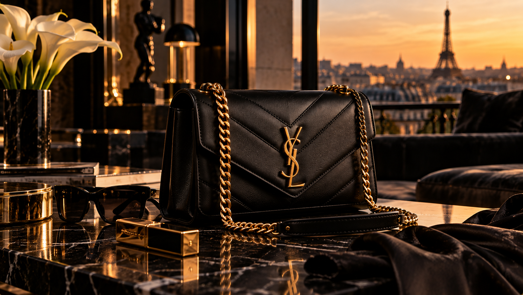 Schwarze Tasche mit goldener Kette und Blick auf den Eiffelturm.