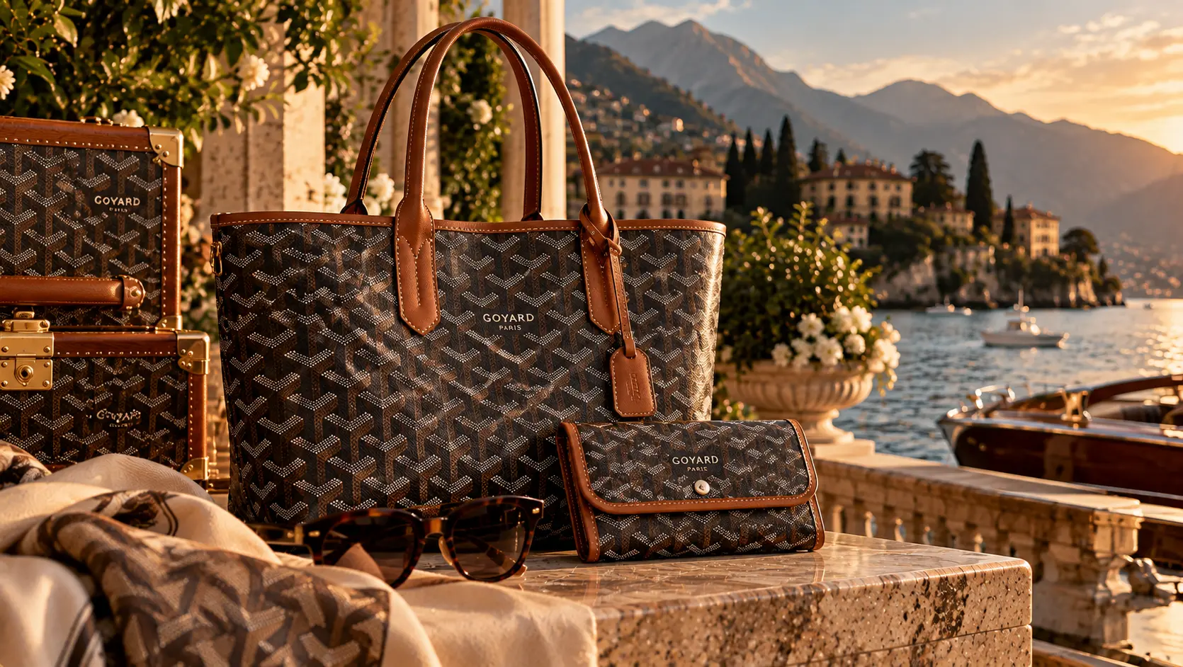 Tasche und Accessoires mit geometrischem Motiv am Comer See.