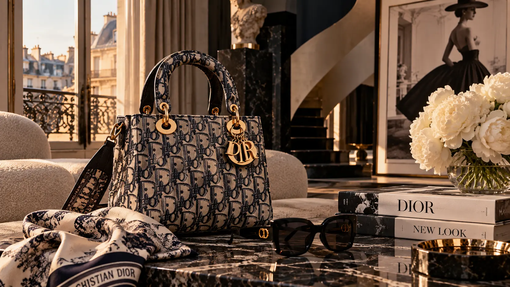Tasche mit Dior-Motiv, Seidentuch und Haute Couture in einem Marmorsalon.