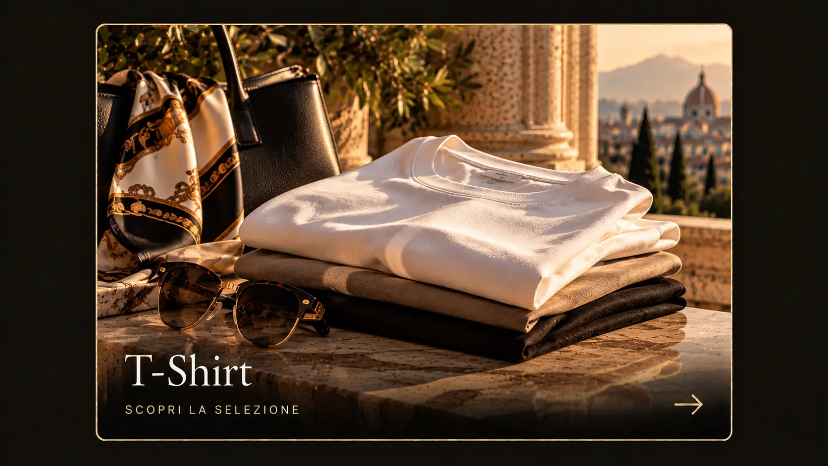 Gefaltete T-Shirts mit Seidentuch, Tasche und Sonnenbrille auf Marmor vor Florenz bei Sonnenuntergang.