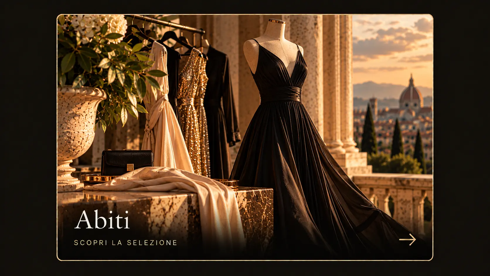 Schwarzes Abendkleid an einer Schneiderpuppe und zwischen Säulen hängende Kleidung, mit dem Florentiner Dom bei Sonnenuntergang.
