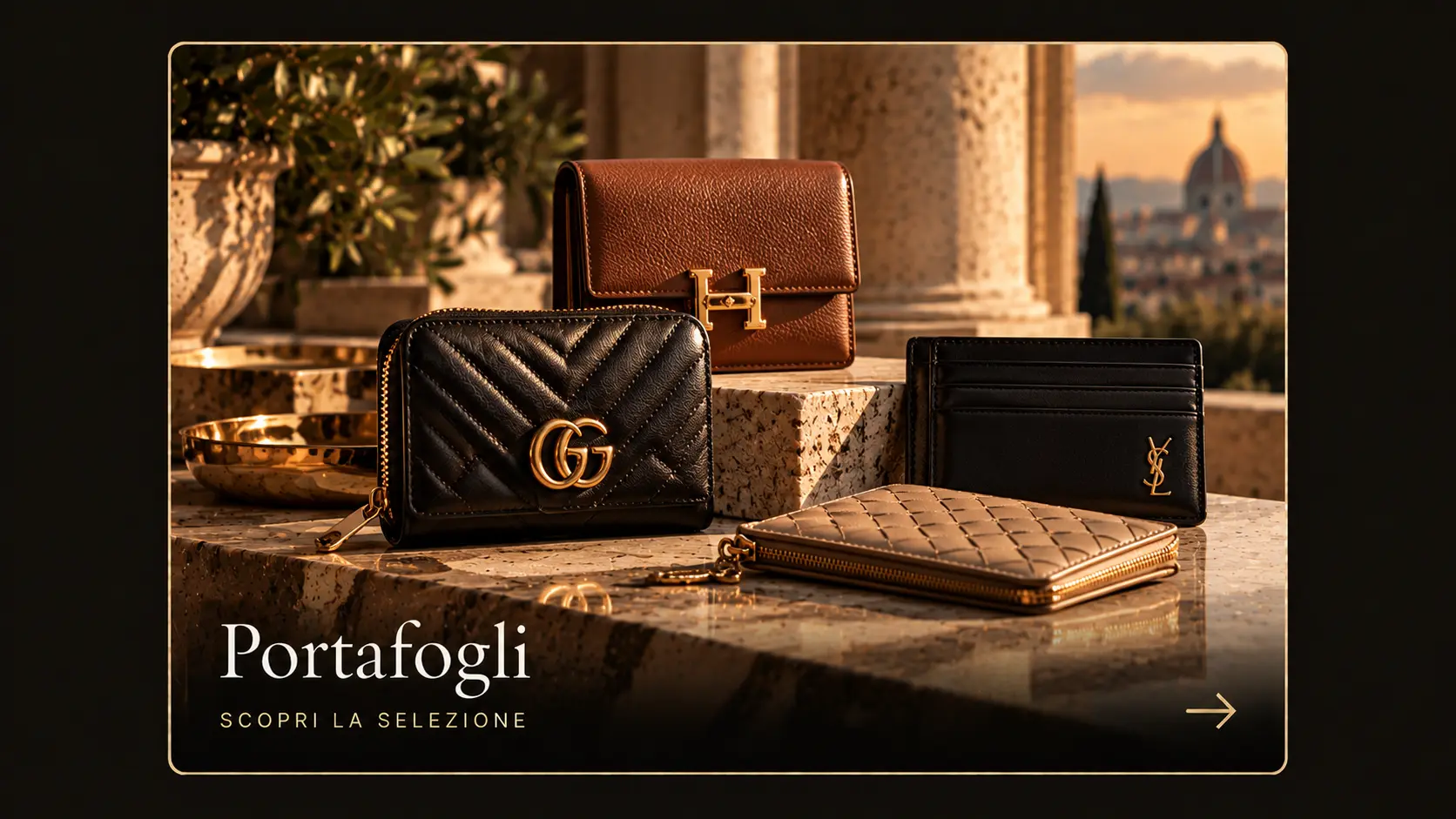 Portemonnaies und Kartenetuis aus Leder auf Marmor, mit Blick auf Florenz bei Sonnenuntergang.