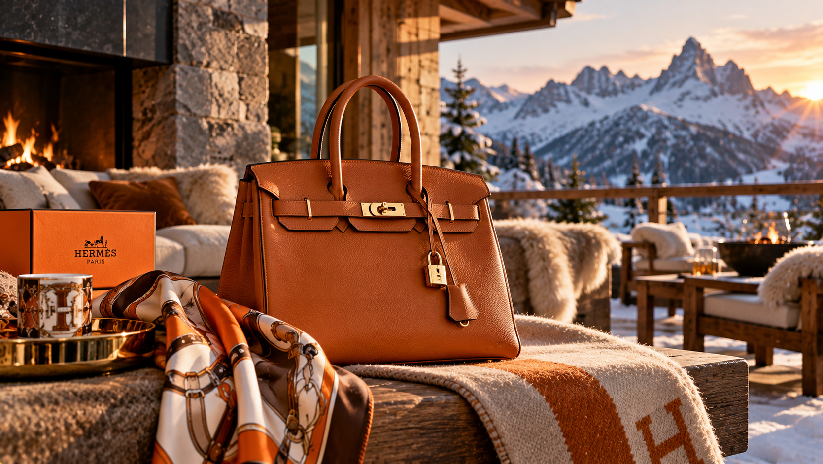 Cognacfarbene Tasche und Seidentuch in einem Alpenchalet bei Sonnenuntergang.