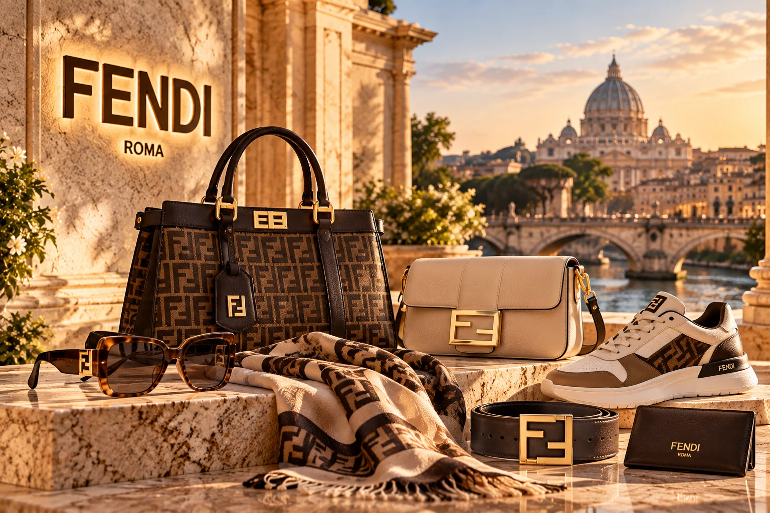 FENDI-Taschen mit FF-Motiv und aus cremefarbenem Leder, Sonnenbrille, Seidentuch, Sneaker, Gürtel und Portemonnaie auf einer römischen Terrasse mit dem Schriftzug FENDI ROMA und Blick auf den Petersdom.