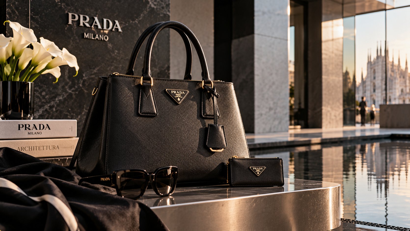 Schwarze Ledertasche zwischen Marmor und Mailänder Architektur.