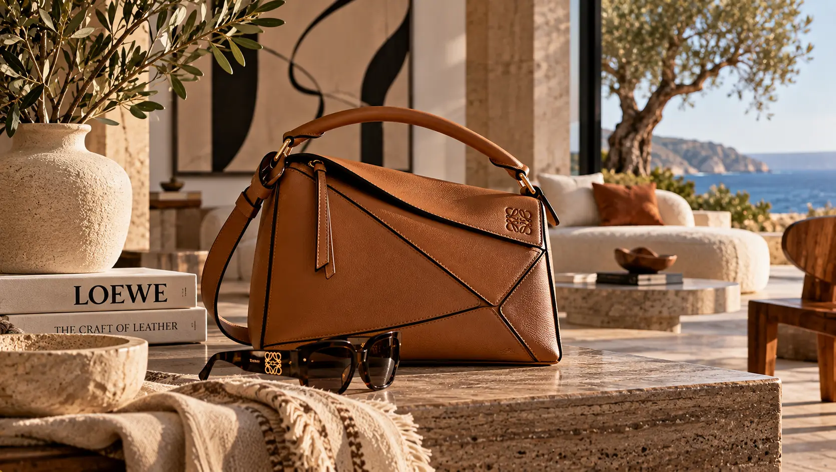 Geometrische Ledertasche in einem mediterranen Salon mit Blick auf das Meer.