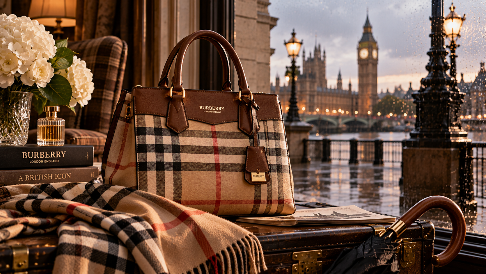 Tasche und Tartan-Schal vor London im Regen.