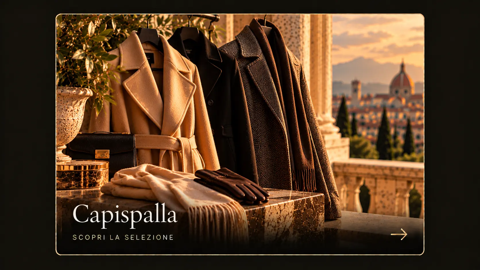 Mäntel aus Wolle und Tweed, Schal und Handschuhe auf einer Terrasse über Florenz bei Sonnenuntergang.