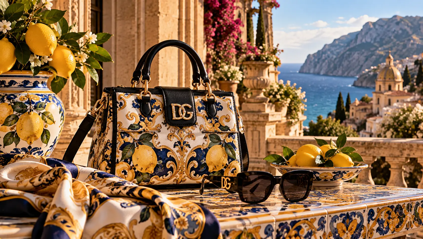 Verzierte Tasche, Keramik und Zitronen auf einer mediterranen Terrasse.