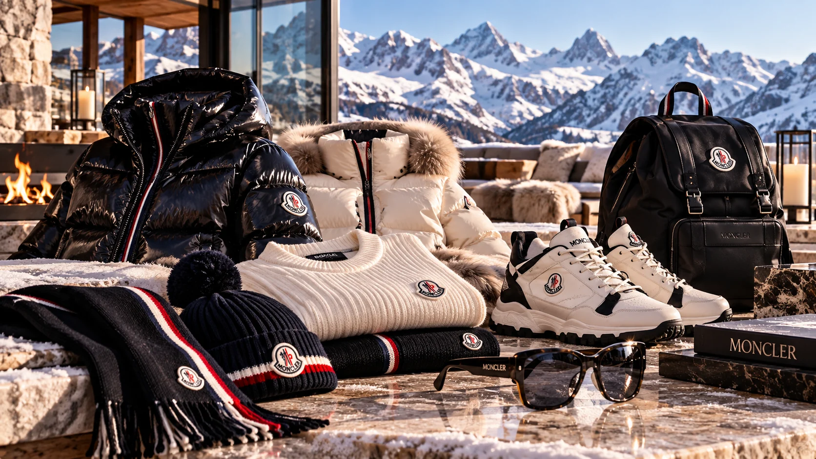 Glänzend schwarze und elfenbeinfarbene Moncler-Daunenjacken, Strick, Sneaker, schwarzer Rucksack, Mütze, Schal und Sonnenbrille auf einer Alpenterrasse vor verschneiten Bergen.