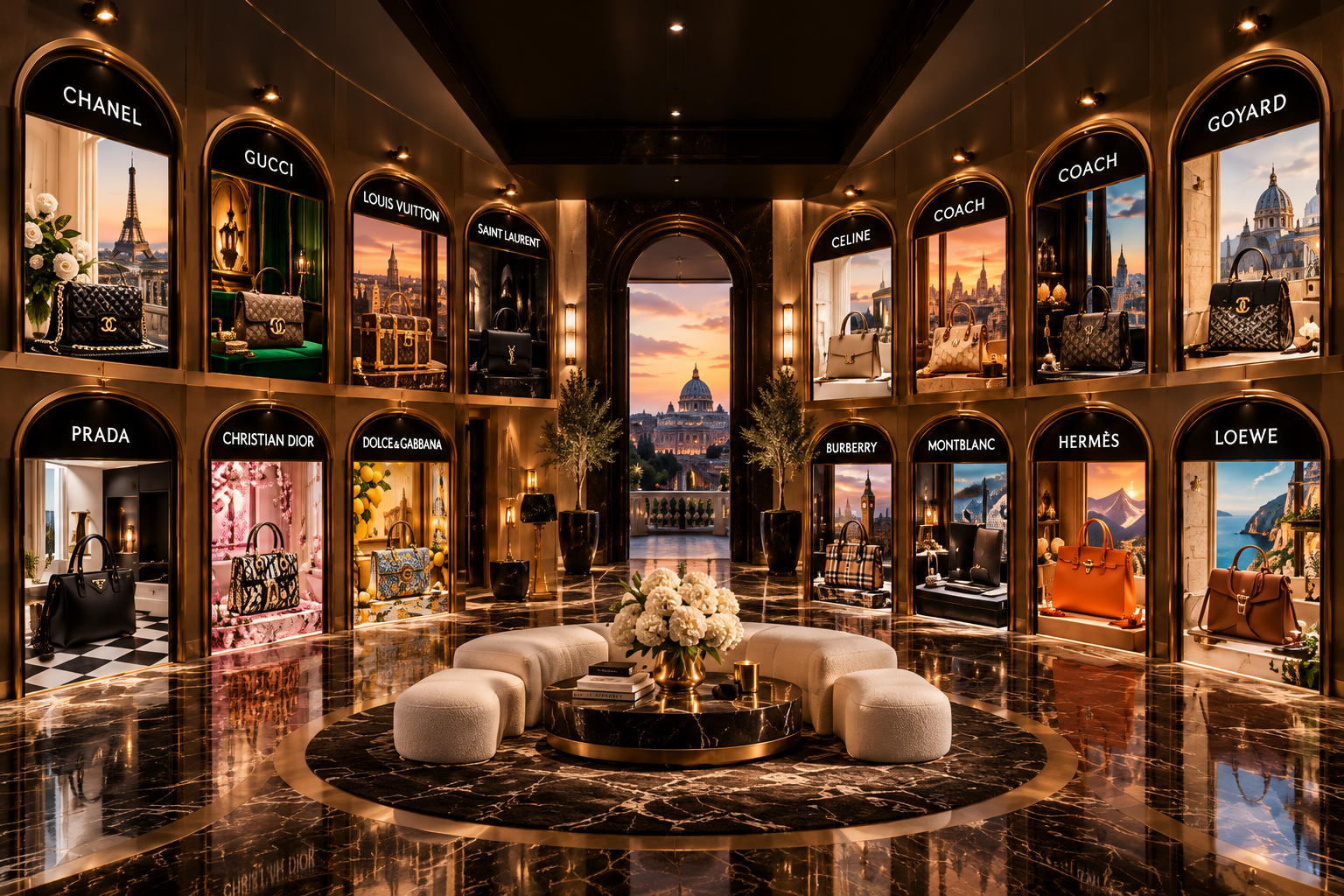 Die große Galerie von Boutique Privée: Vitrinen der Maisons, polierter Marmor, ein zentraler Salon und Blick auf Rom bei Sonnenuntergang.