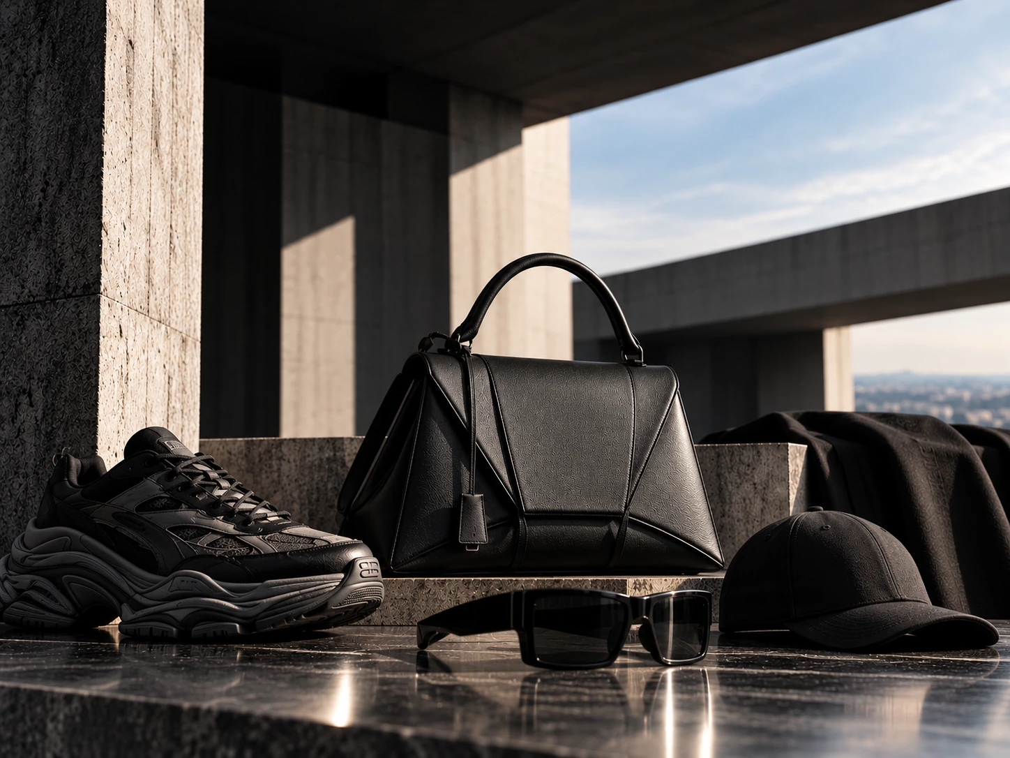 Skulpturale schwarze Tasche, Sneaker, Sonnenbrille und schwarze Kappe auf den Betonflächen einer brutalistischen Architektur.