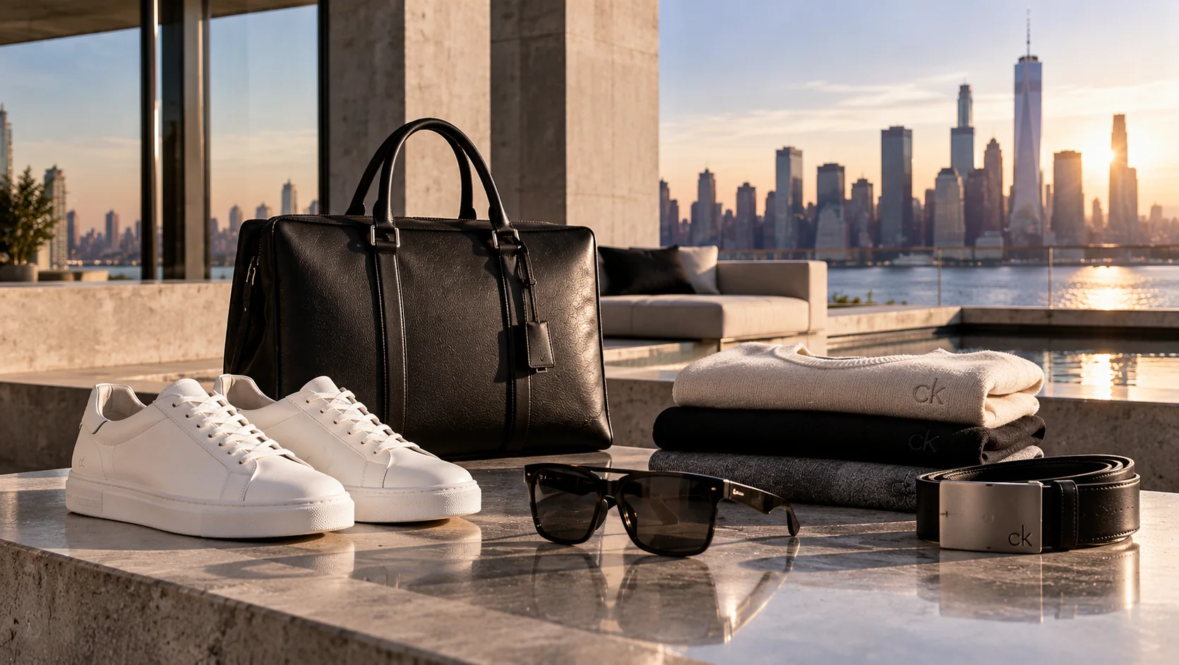 Schwarze Reisetasche aus Leder, weiße Sneaker, gefalteter Strick, Sonnenbrille und Calvin-Klein-Gürtel auf einer zeitgenössischen Terrasse mit der Skyline von New York bei Sonnenuntergang.